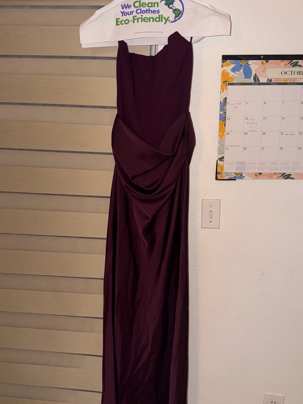 Betsy & Adam Strapless Burgundy Satin Evening Gown